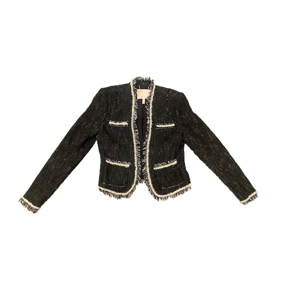 REBECCA TAYLOR Womens Black White Silver Chain Trim Tweed Jacket Blazer Size 0